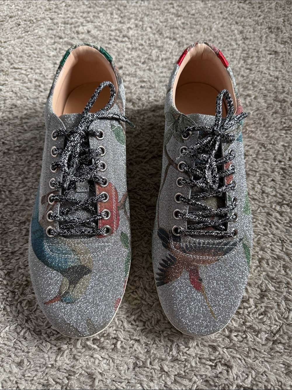 Gucci Silver Glitter Bird-Print Sneakers